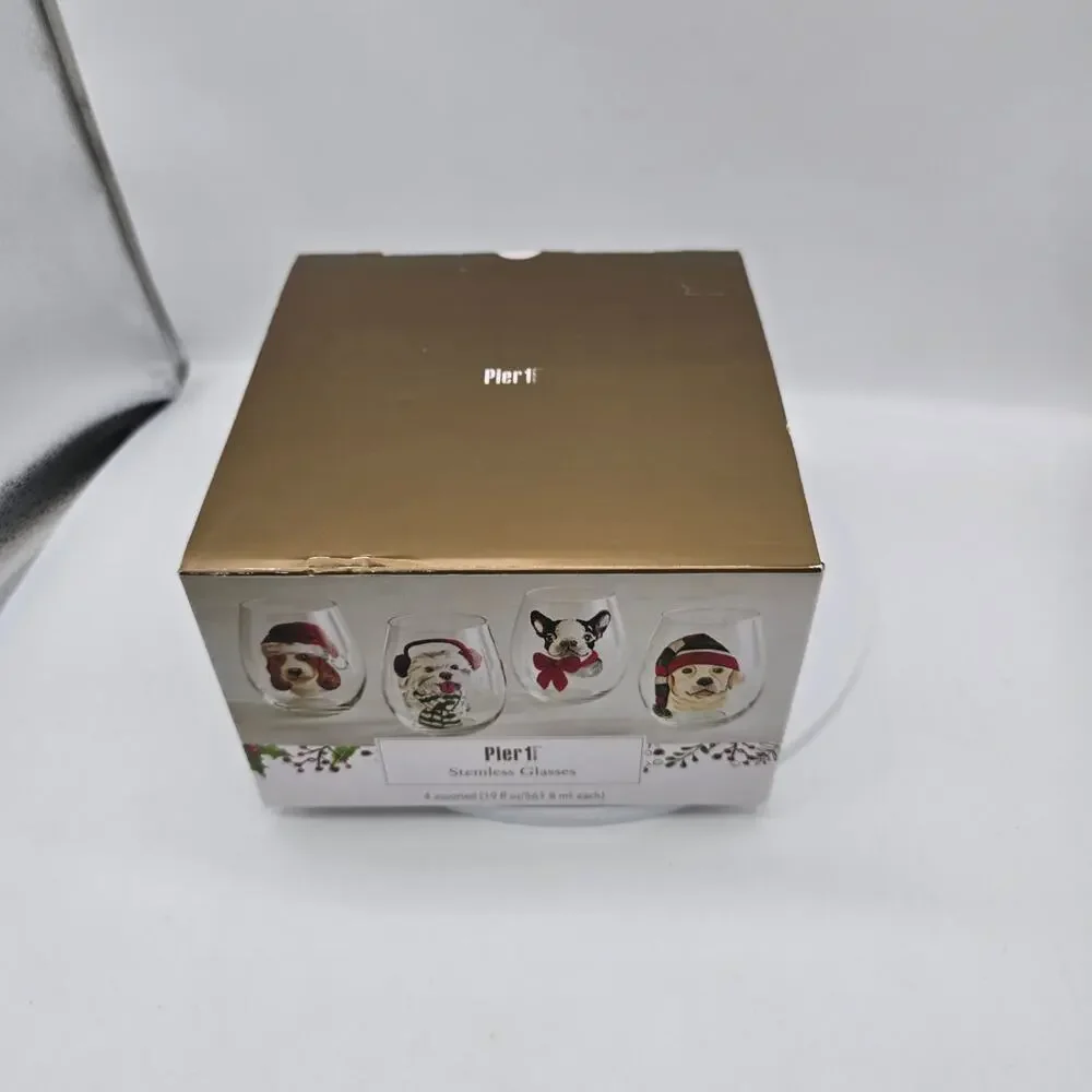 Pier 1 Hand Painted Stemless Wine Glasses Holiday Christmas Puppy Dogs Set of 4